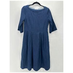 Toast Cotton Denim Dress Size 8 Fit & Flare Midi Blue Lagenlook Pockets Milkmaid